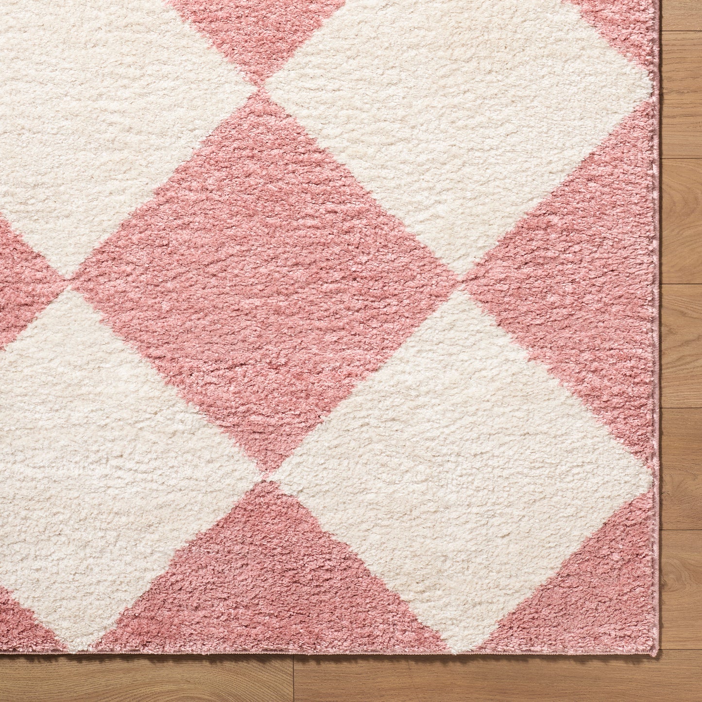 Fossay Cream and Pink Washable Checkered Shaggy Rug