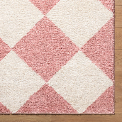 Fossay Cream and Pink Washable Checkered Shaggy Rug
