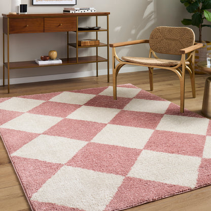 Fossay Cream and Pink Washable Checkered Shaggy Rug