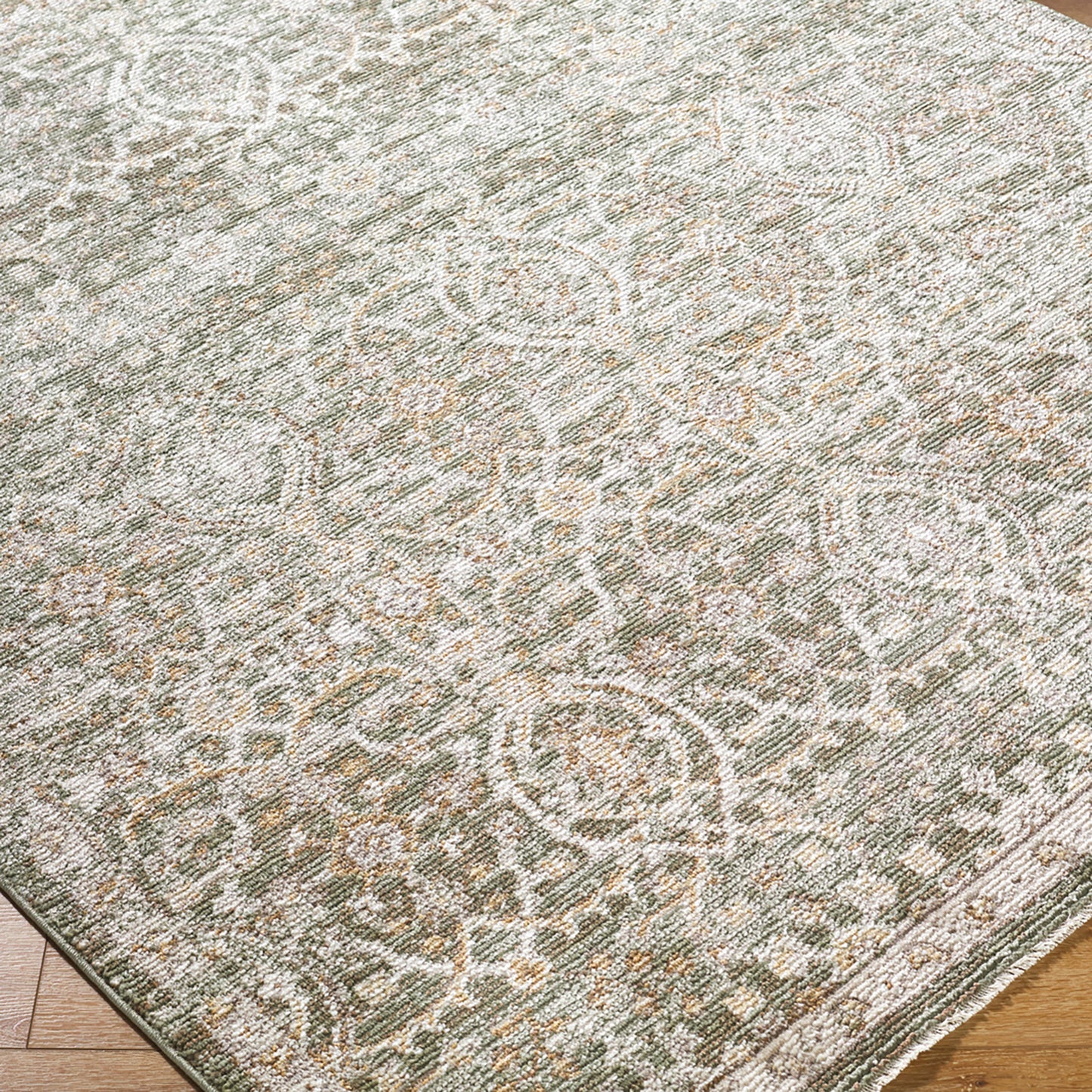 Myrtle Avenue VI by Galey Alix Green Vintage Boho Fringe Rug