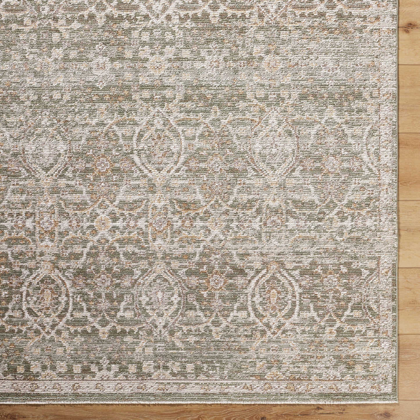 Myrtle Avenue VI by Galey Alix Green Vintage Boho Fringe Rug