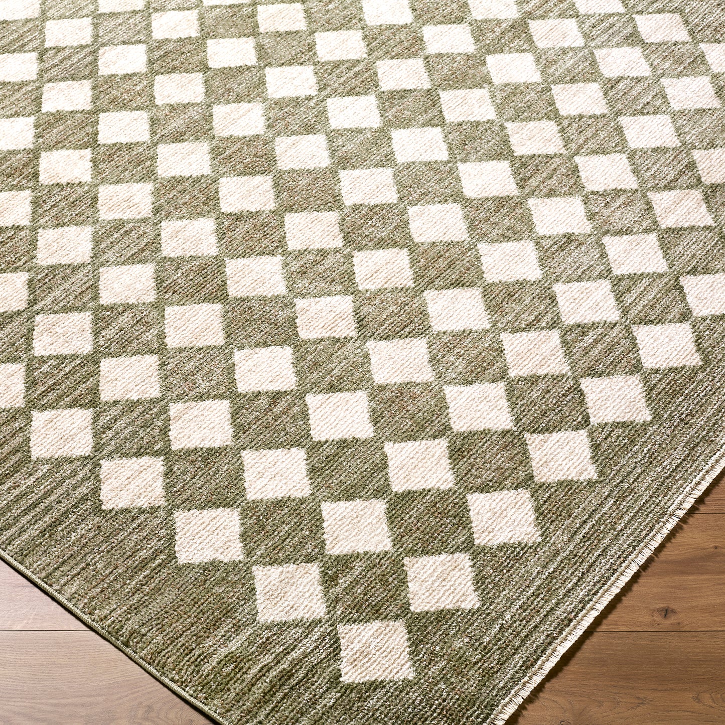 Myrtle Avenue V by Galey Alix Green and Cream Geometric Diamond Fringe Rug