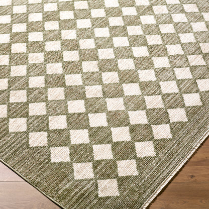 Myrtle Avenue V by Galey Alix Green and Cream Geometric Diamond Fringe Rug
