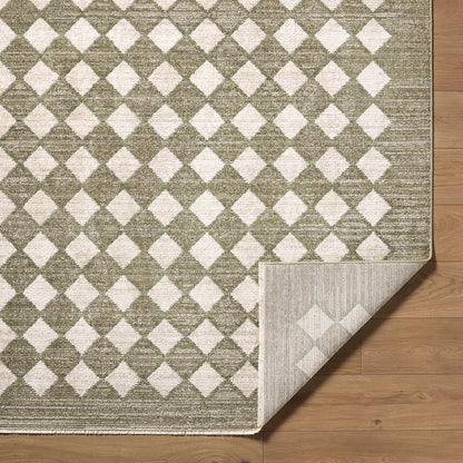 Myrtle Avenue V by Galey Alix Green and Cream Geometric Diamond Fringe Rug