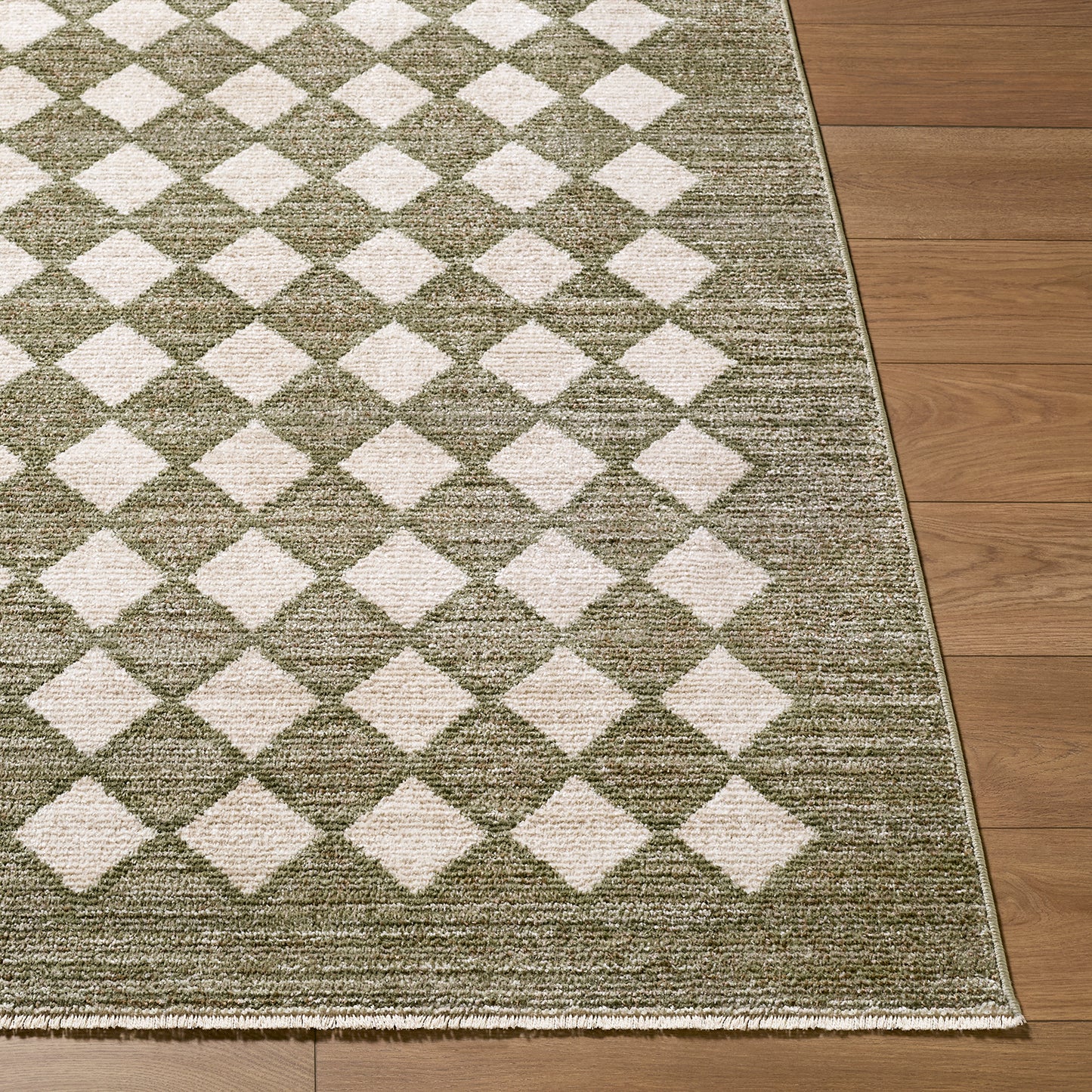 Myrtle Avenue V by Galey Alix Green and Cream Geometric Diamond Fringe Rug