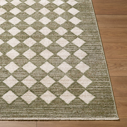 Myrtle Avenue V by Galey Alix Green and Cream Geometric Diamond Fringe Rug