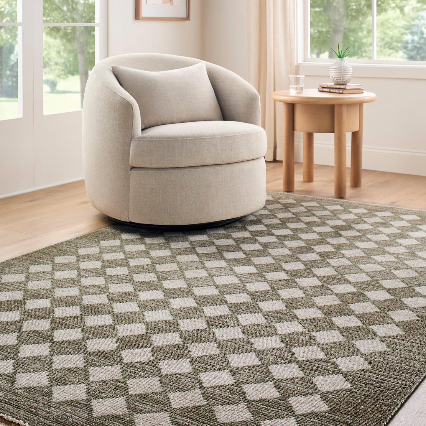 Myrtle Avenue V by Galey Alix Green and Cream Geometric Diamond Fringe Rug
