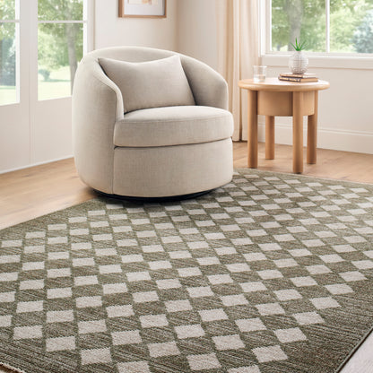 Myrtle Avenue V by Galey Alix Green and Cream Geometric Diamond Fringe Rug