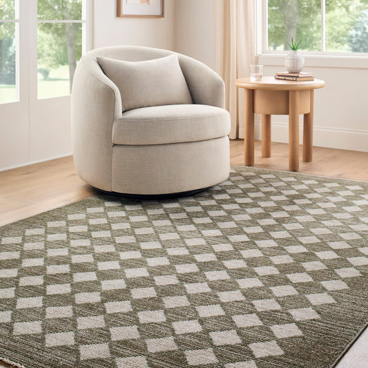 Myrtle Avenue V by Galey Alix Green and Cream Geometric Diamond Fringe Rug