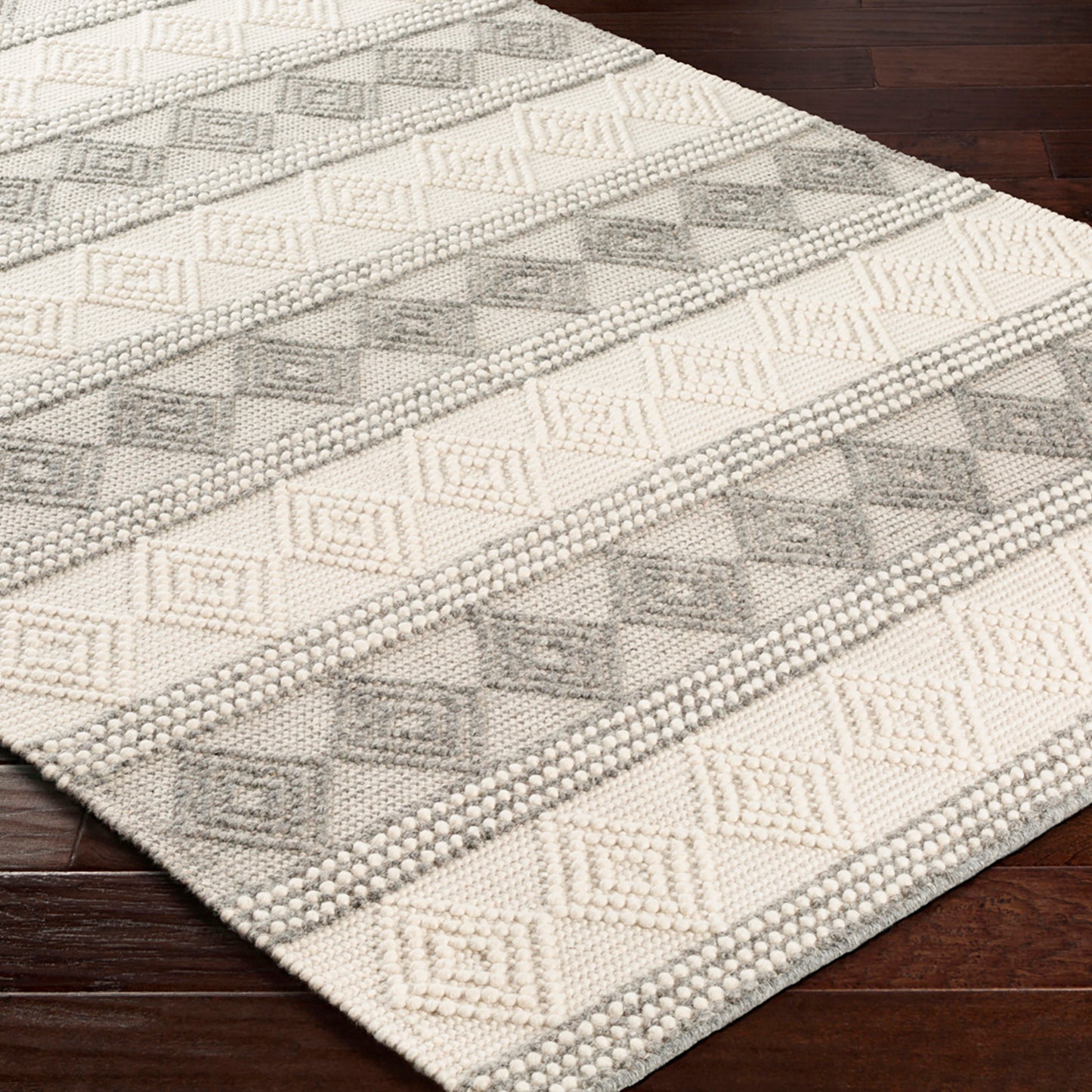 Hygge Cottage Grey and Cream Geometric Wool Mix Hand Woven Rug