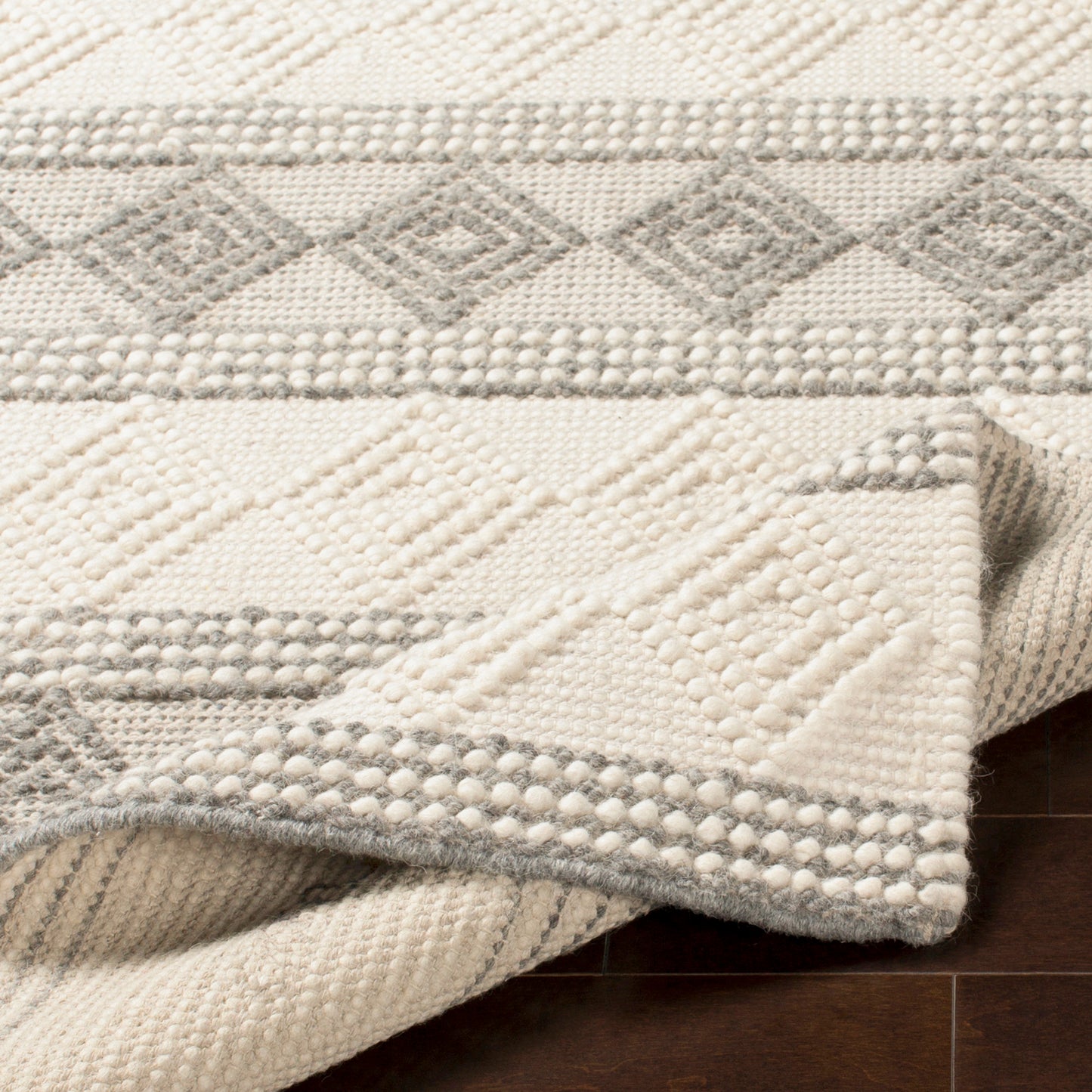 Hygge Cottage Grey and Cream Geometric Wool Mix Hand Woven Rug