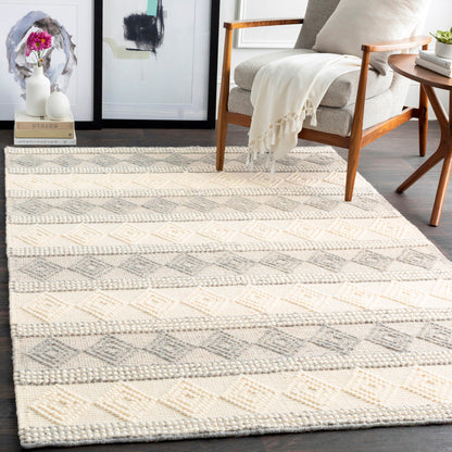 Hygge Cottage Grey and Cream Geometric Wool Mix Hand Woven Rug