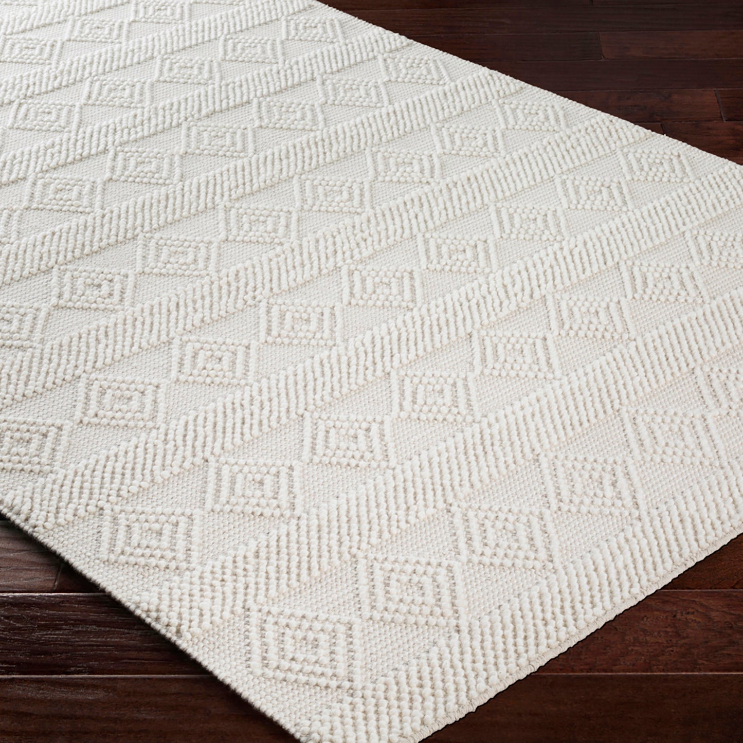 Hygge Cottage White Geometric Wool Mix Hand Woven Rug