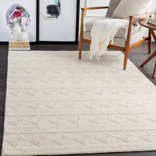 Hygge Cottage White Geometric Wool Mix Hand Woven Rug