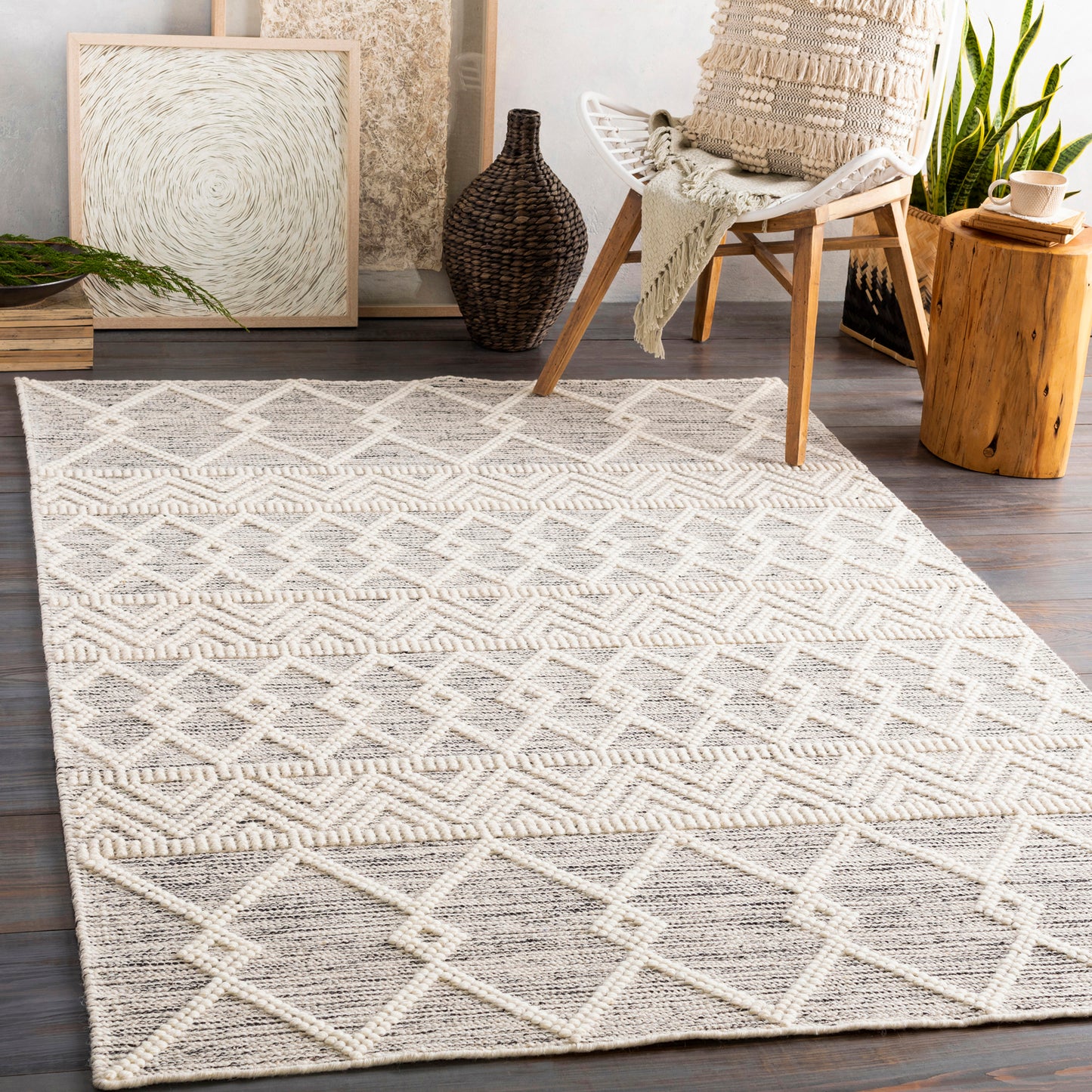 Hygge Cottage Grey and White Geometric Wool Mix Hand Woven Rug