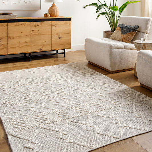 Hygge Cottage Cream Geometric Wool Mix Hand Woven Rug