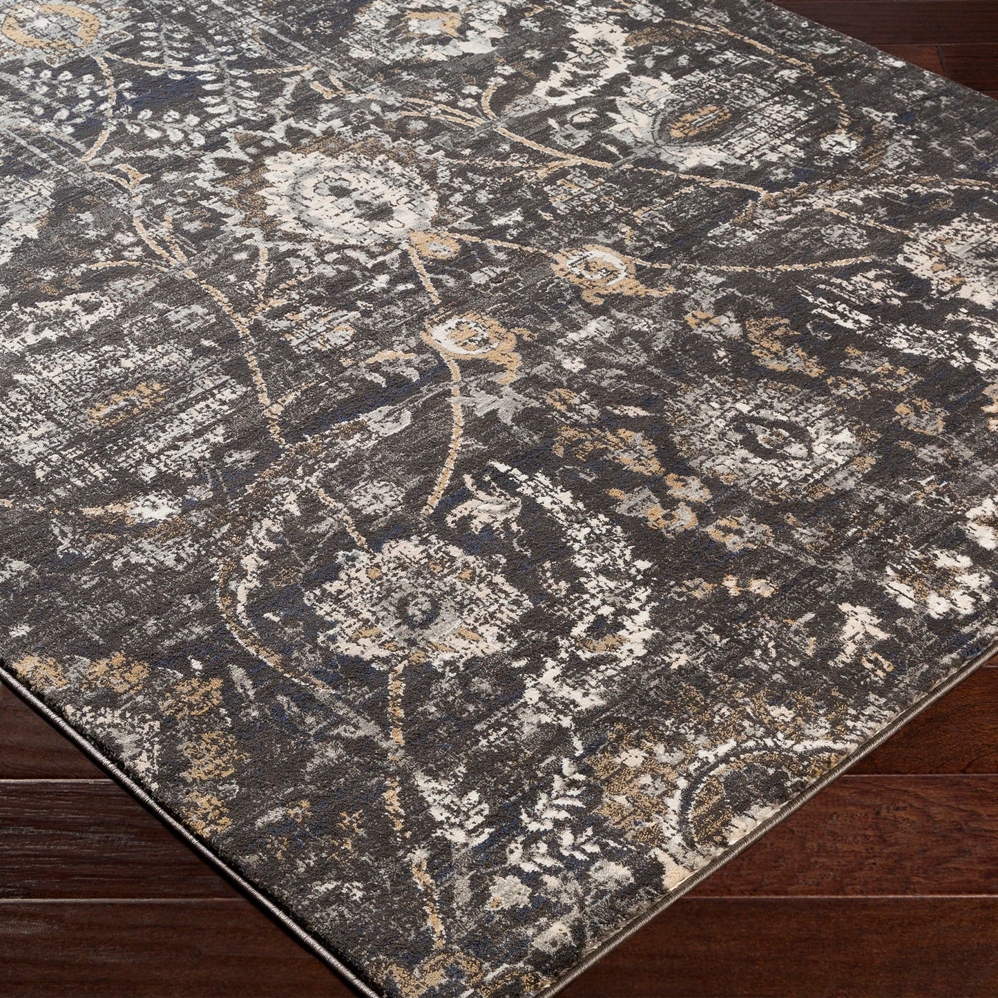 Indigo Charcoal Vintage Traditional Floral Boho Rug