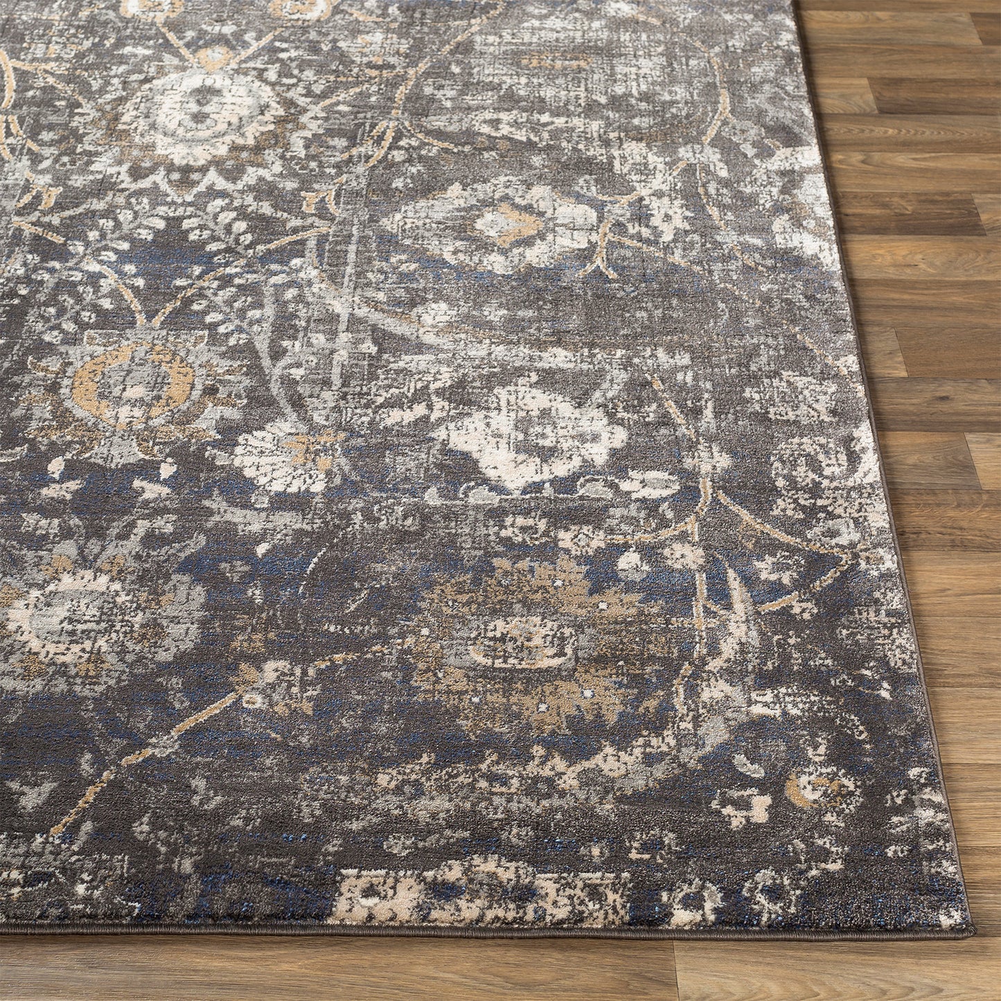 Indigo Charcoal Vintage Traditional Floral Boho Rug
