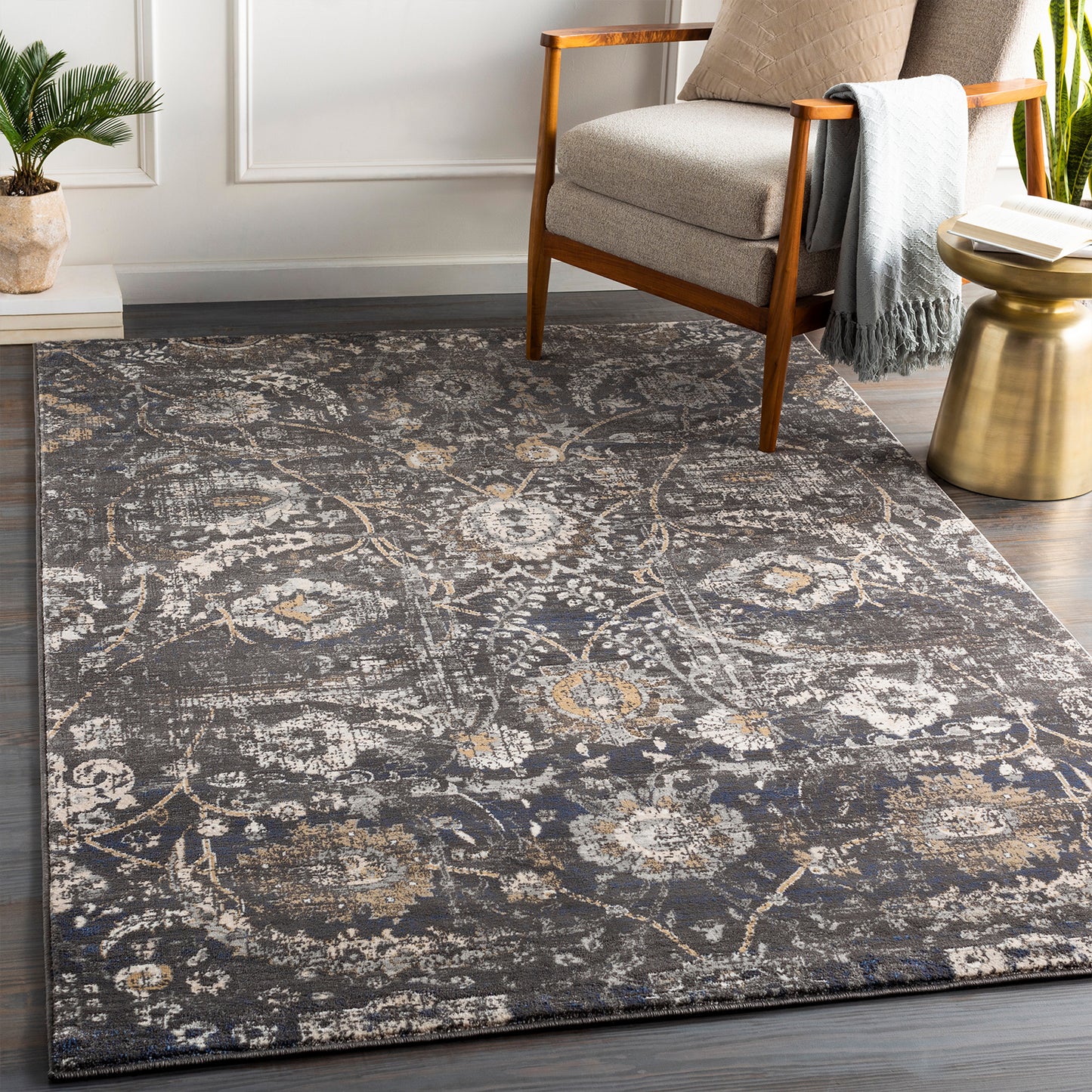 Indigo Charcoal Vintage Traditional Floral Boho Rug