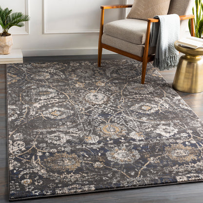Indigo Charcoal Vintage Traditional Floral Boho Rug