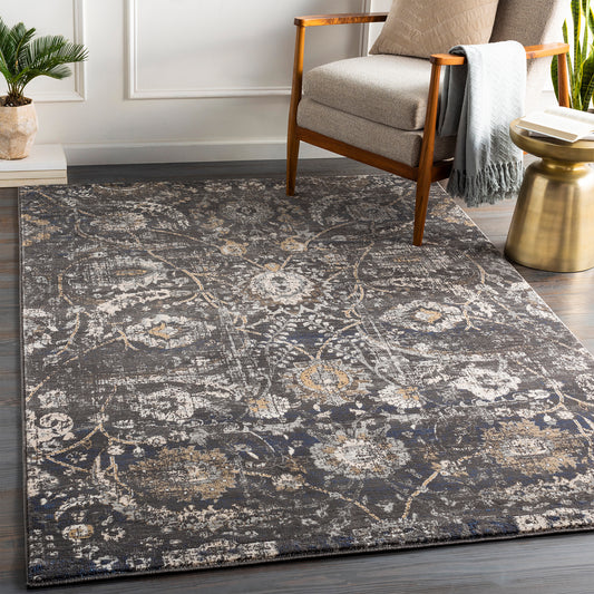 Indigo Charcoal Vintage Traditional Floral Boho Rug