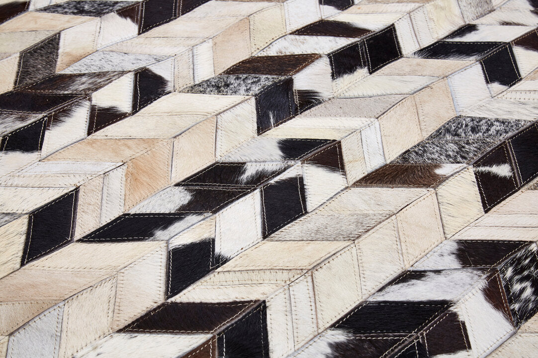Large Cowhide Hair on Leather Chevron Patchwork Rug