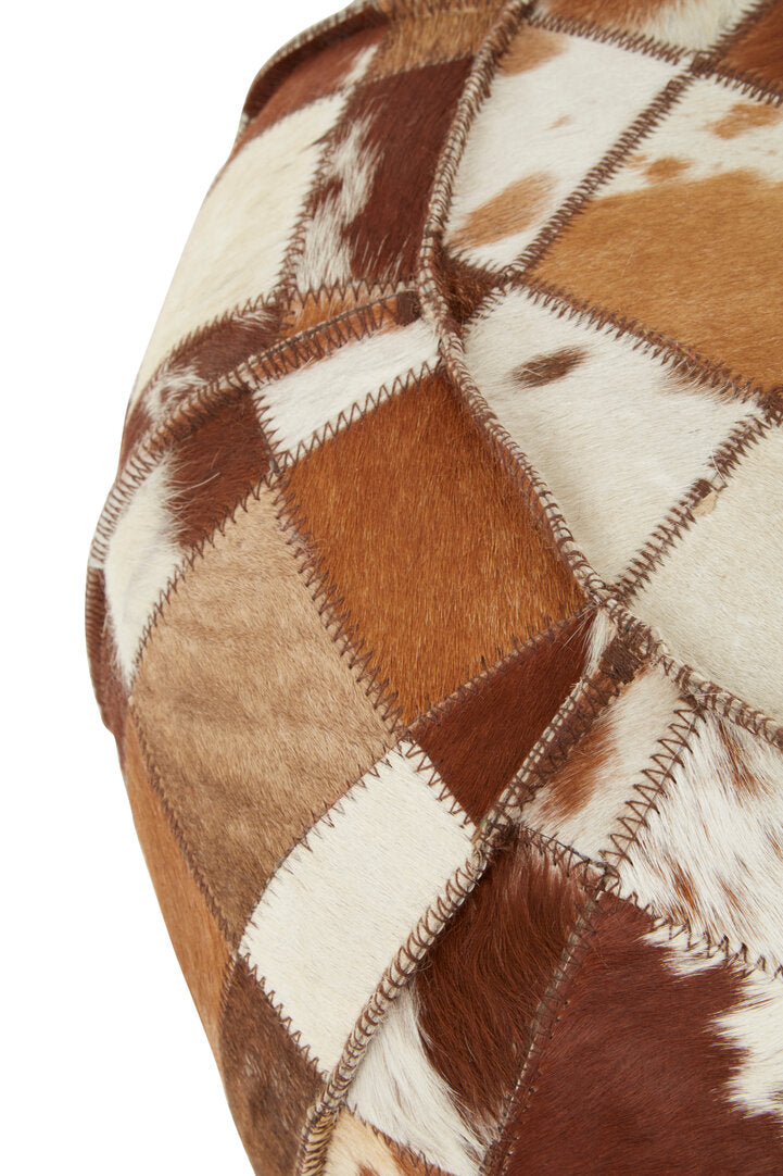 Brown and white Cowhide Leather Patchwork Pouffe
