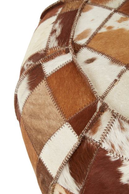 Brown and White Cowhide Leather Patchwork Pouffe