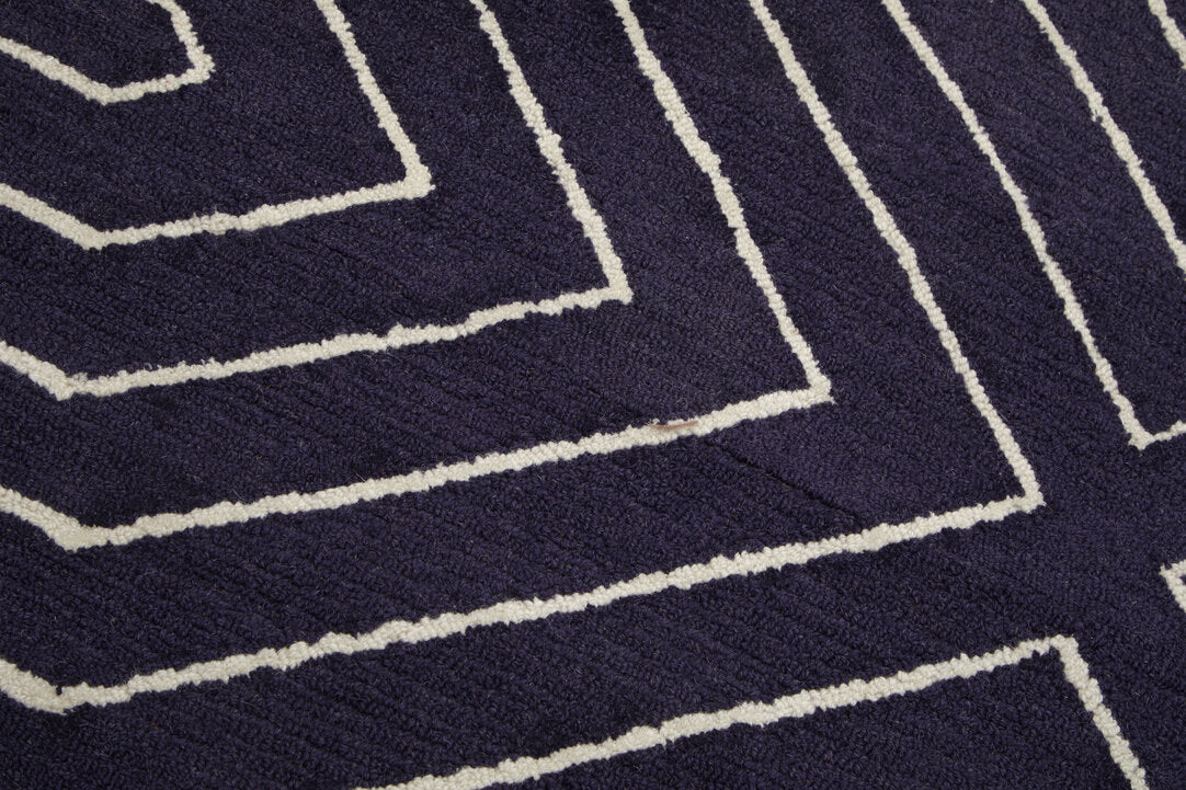 Navy Blue And White Geometric Line Pattern Round Rug
