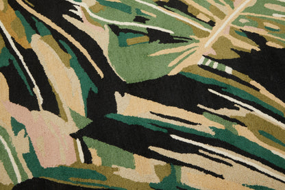 Large Botanical Green Black and Cream Wool Mix Modern Rug