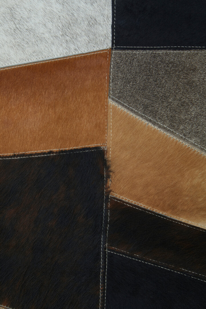 Large Geometric Striped Hair on Leather Cowhide Patchwork Rug