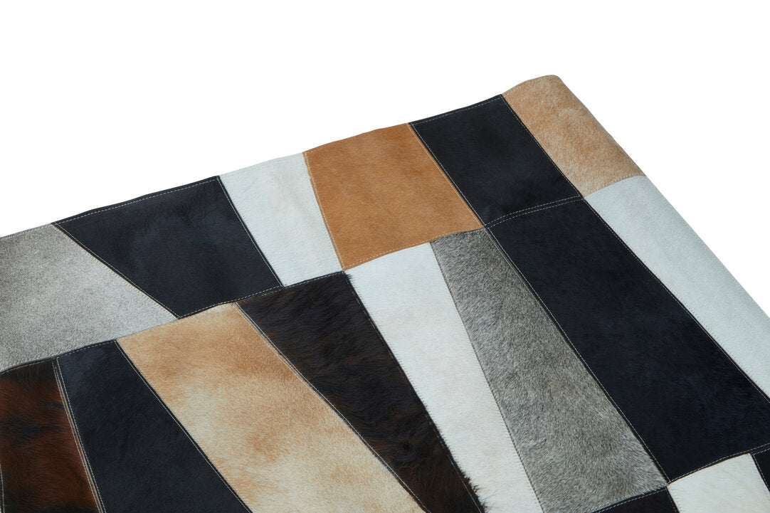 Large Geometric Striped Hair on Leather Cowhide Patchwork Rug