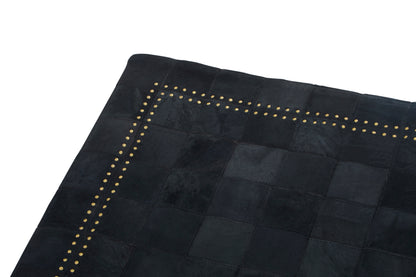 Luxury Black Genuine Cowhide Leather Patchwork Gold Studded Rug