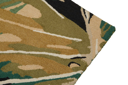 Large Botanical Green Black and Cream Wool Mix Modern Rug