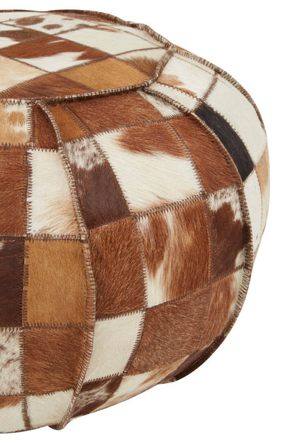 Brown and White Cowhide Leather Patchwork Pouffe