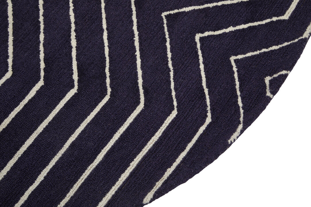 Navy Blue And White Geometric Line Pattern Round Rug