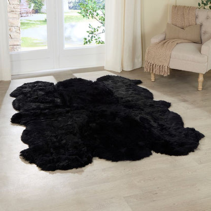 Extra Large Black Genuine Super Soft NZ Sheepskin Rug - 6 pelt 180cm x 200cm