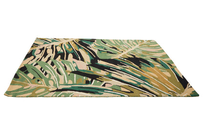 Large Botanical Green Black and Cream Wool Mix Modern Rug