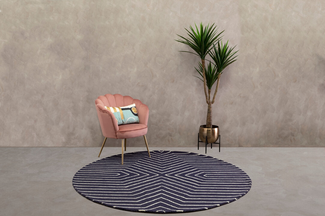 Navy Blue And White Geometric Line Pattern Round Rug
