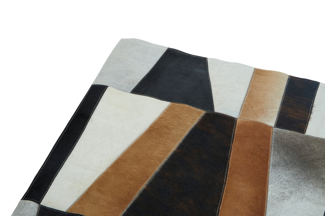 Large Geometric Striped Hair on Leather Cowhide Patchwork Rug