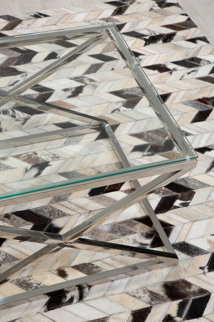 Large Cowhide Hair on Leather Chevron Patchwork Rug