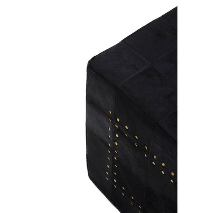 Black Patchwork Cowhide Leather Pouffe With Gold Studs