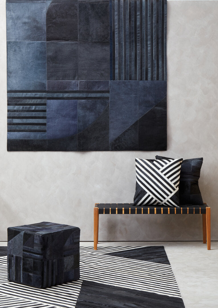 Black And Grey Deco Hair on Leather Pouffe