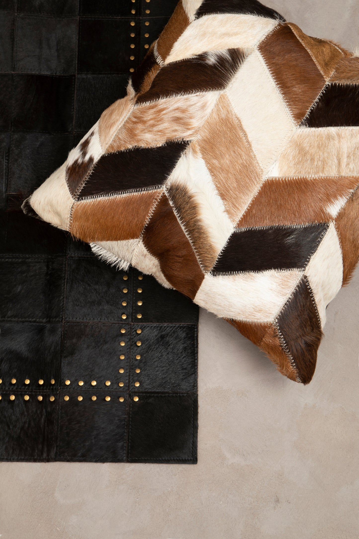 Large Black and Grey Hair on Leather Patchwork Rug With Gold Studs 230cm x 160cm