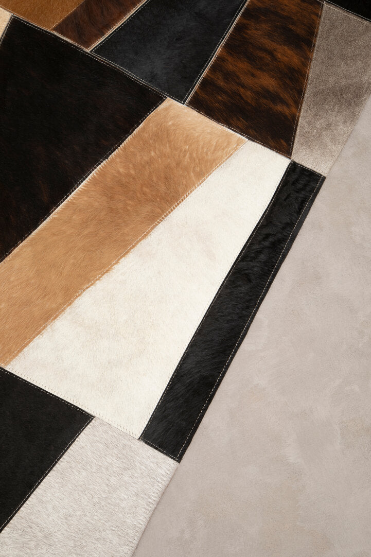 Large Geometric Striped Hair on Leather Cowhide Patchwork Rug