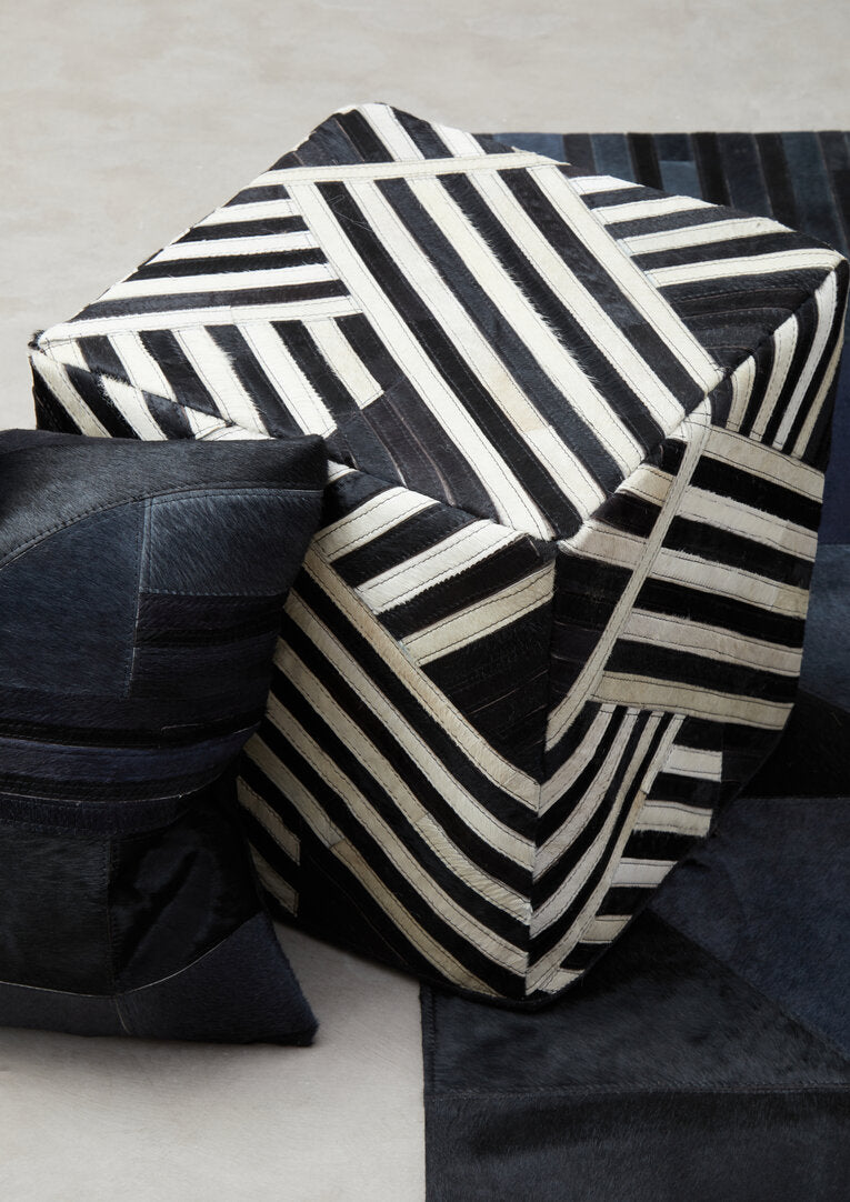 Black And White Stripe Leather Pouffe