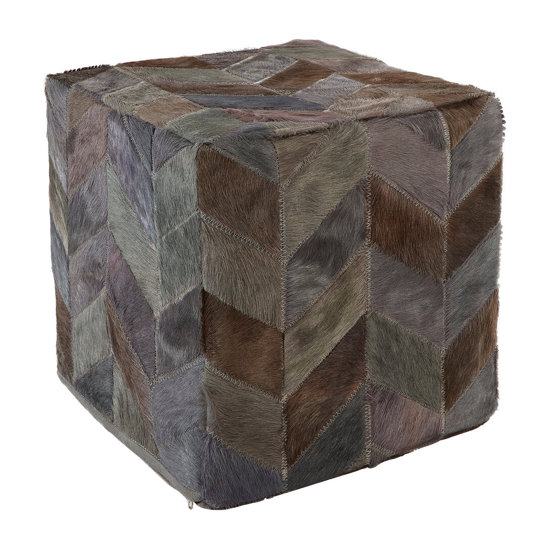 Grey Hair on Leather Chevron Pouffe