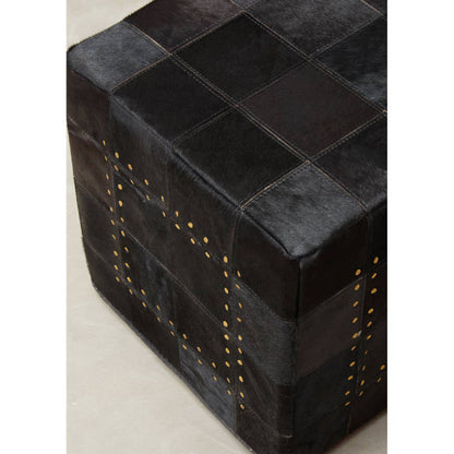 Black Patchwork Cowhide Leather Pouffe With Gold Studs