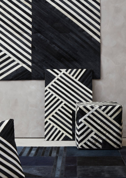 Luxury Black And White Genuine Cowhide Abstract Leather Rug