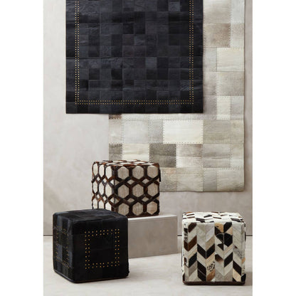 Black Patchwork Cowhide Leather Pouffe With Gold Studs